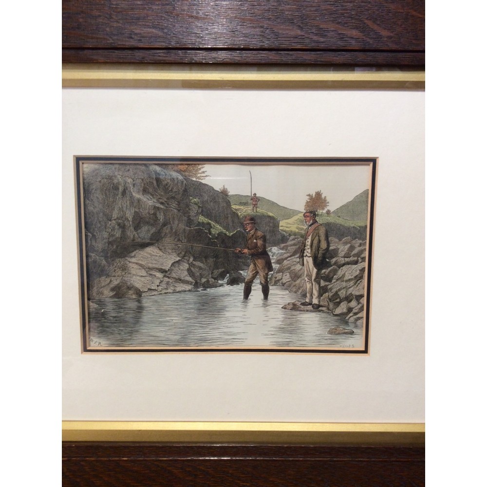 A hand coloured lithograph print  "Salmon Fishing with Ghillie" 
